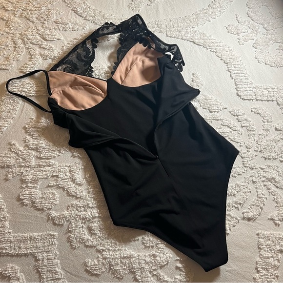 BLACK BODYSUIT WITH ASYMMETRIC LACE DETAILING, SIZE SMALL - Picture 2 of 3